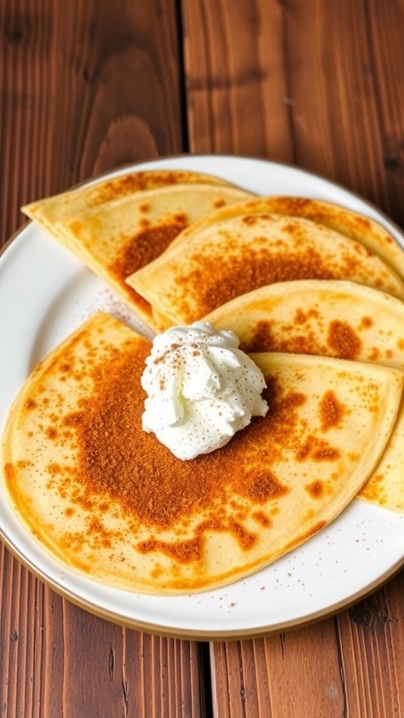 Warm cinnamon sugar tortillas served with whipped cream on a rustic plate.